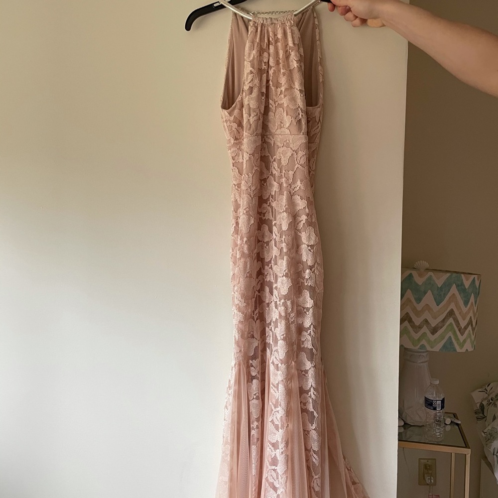 Nude lace, chain high neck gown
